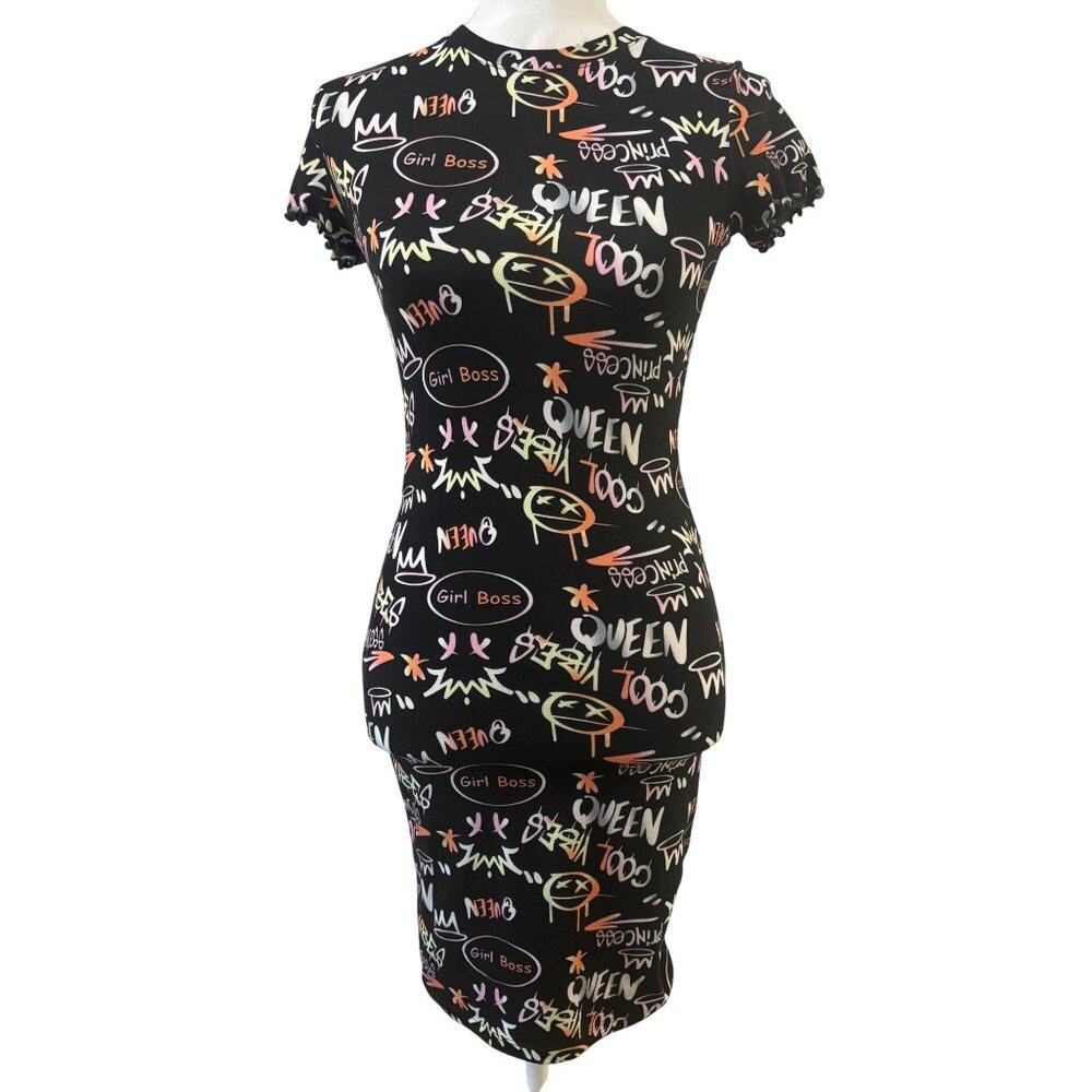 Girl Boss Queen Graffiti Print Bodycon Dress By Haley & June Black Multicolor S